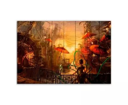 Картина на дереве Красные зонтики 60х90 см (Красный, 60)