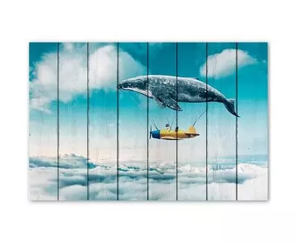 Картина на дереве Летающий кит 80х120 см (Голубой, 80)