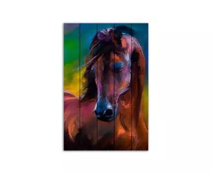 Картина на дереве Лошадь Акварель 80х120 см (Коричневый, 80)