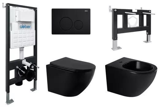 Комплект ABBER унитаз AC1100MB черный матовый с инсталляцией AC0105 и кнопкой AC0121MB, биде AC1150MB с инсталляцией AC0101P