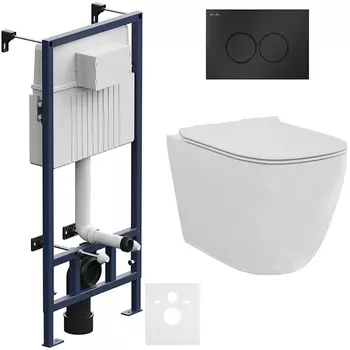 Комплект подвесной безободковый унитаз Creto Logan L1 1001-001-L1W/1 49 см с крышкой-сиденьем микролифт + инсталляция Am.Pm ProC I012707.0138 с клавишей смыва ProC L, чёрная матовая