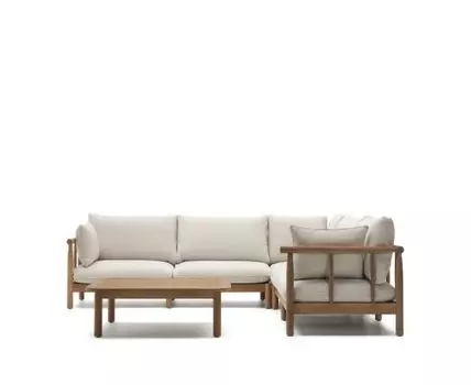 Комплект Sacova, 5-местный угловой диван и журнальный столик из массива эвкалипта (бежевый, серый, 280)