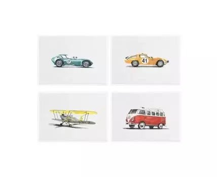 Композиция из постеров ALFA ROMEO, CHEVROLET RETRO, AIRCRAFT G-BNYZ, VOLKSWAGEN T1 SAMBA BUS