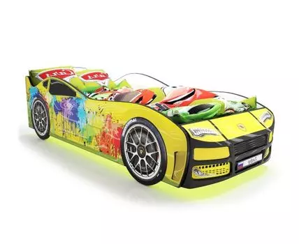 Кровать-машина Турбо ПМ (48, 178, С подсветкой дна, Односпальные, Кровати-машинки, Желтый, 82)