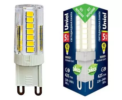 Лампа светодиодная Uniel G9 5Вт 3000K LED-JCD-5W/3000K/G9/CL GLZ09TR картон