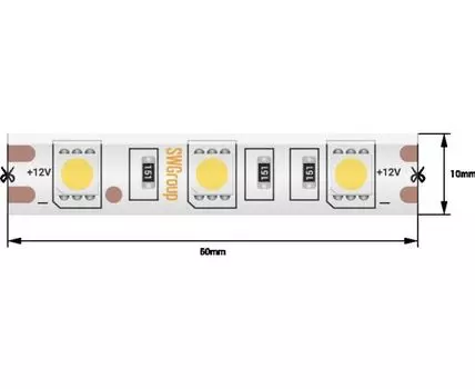 Лента со скотчем 3М светодиодная стандарт 5050, 60 LED/м, 14,4 Вт/м, 12В , IP65, Цвет: Теплый белый
