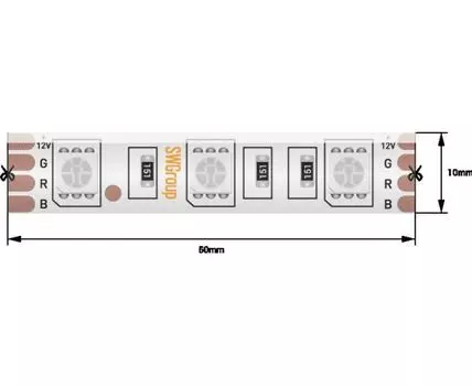 Лента со скотчем 3М светодиодная стандарт 5050, 60 LED/м, 14,4 Вт/м, 24В , IP68, Цвет: RGB
