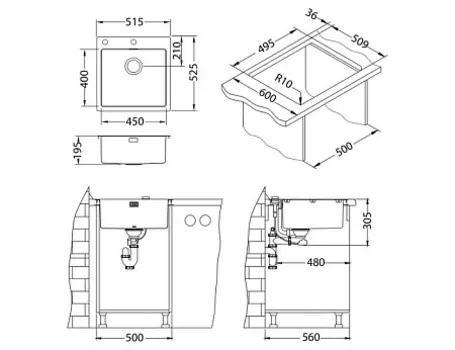 Мойка кухонная Alveus PURE 30 new KMB-90 515X525 в компл. с сифоном 1148858