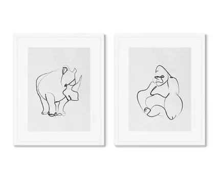 Набор из 2-х репродукций картин в раме Gorilla and Rhino (Белый, 52)