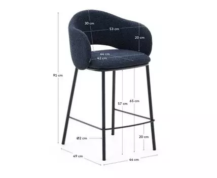 Полубарный стул Maina из синей ткани и стальными ножками с синей отделкой 65