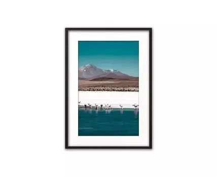 Постер в рамке Фламинго на водопое 21х30 см (голубой, коричневый, 30)