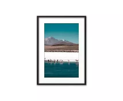 Постер в рамке Фламинго на водопое 50х70 см (голубой, коричневый, 70)