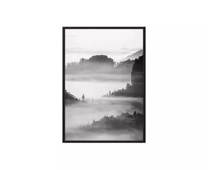 Постер в рамке Горы в тумане 21х30 см (черный, белый, 30)