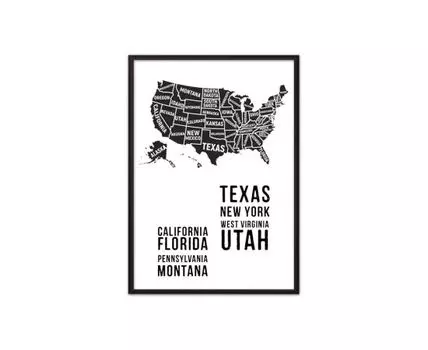 Постер в рамке Карта Америки 40х60 см (белый, черный, 60)