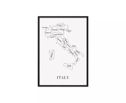 Постер в рамке Карта Италии 50х70 см (белый, черный, 70)