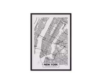 Постер в рамке Карта Нью-Йорк 40х60 см (белый, черный, 60)