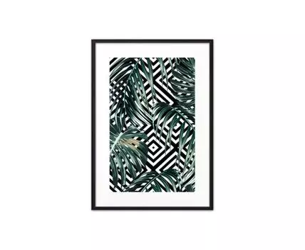Постер в рамке Пальмовые листья графика 30х40 см (зеленый, черный, белый, 40)