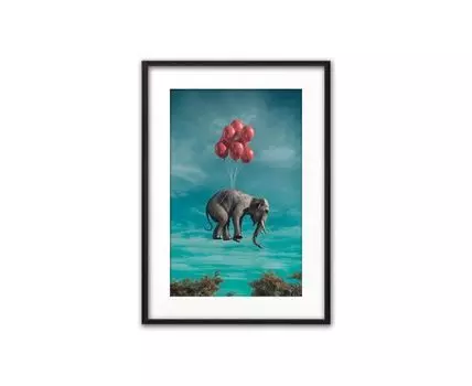 Постер в рамке Слон с шариками 50х70 см (голубой, красный, 70)