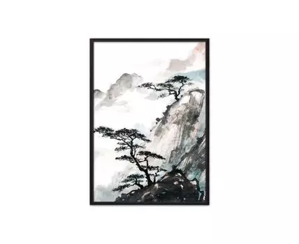 Постер в рамке Японская живопись 50х70 см (белый, серый, 70)