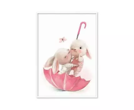 Постер в рамке Зайчики на зонтике