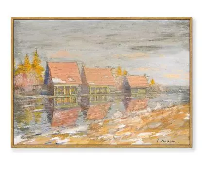 Репродукция картины на холсте Dachas On The River Bank, 1932г. (мультиколор, золотистый, 75)