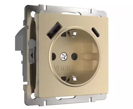 Розетка с быстрой зарядкой USB Type A+С шампань рифленый Werkel