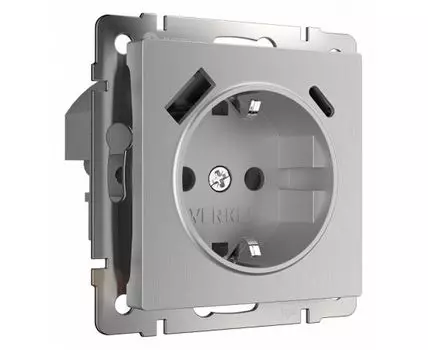 Розетка с заземлением, шторками и 2хUSB, без рамки Werkel серебряный рифленый W1171709
