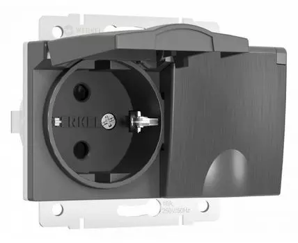 Розетка влагозащищенная с заземлением и шторками, без рамки с крышкой Werkel графит W1172204