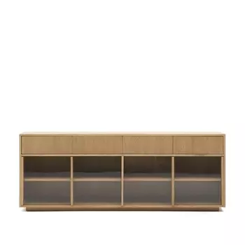 Сервант Helvine с 4 дверцами и 4 ящиками шпон дуба и закаленное стекло, 200 x 75