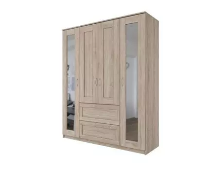 Шкаф СИРИУС четырехдверный с двумя выдвижными ящиками и двумя зеркалами, цвет Дуб Сонома