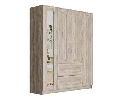 Шкаф СИРИУС четырехдверный с двумя выдвижными ящиками и зеркалом, цвет Дуб Сонома