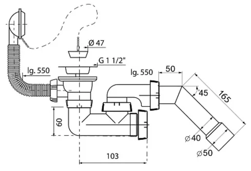Слив-перелив WIRQUIN 1 х 40 мм с регулируемым сифоном и трубой на 45 град. (40-40/50)