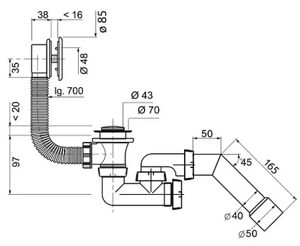 Слив-перелив WIRQUIN c регул. сифоном, с внешним тросиком, L700 и трубой на 45 град. (40-40/50)