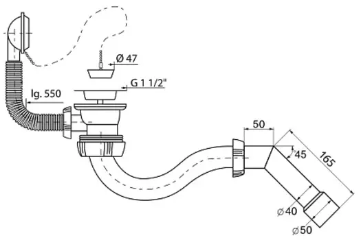 Слив-перелив WIRQUIN c S-обр. сифоном 1 х 40 мм с пласт. чашкой и трубой на 45 град. (40-40/50)