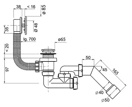 Слив-перелив WIRQUIN QUICK CLAC с регулируемым сифоном, L700, с трубой на 45 град. (40-40/50), хром