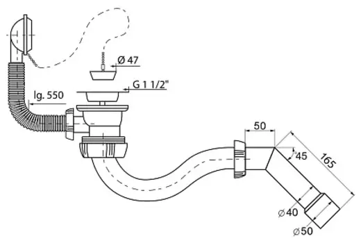 Слив-перелив WIRQUIN с S-образным сифоном 1 х 40 мм с трубой на 45 град. (40-40/50)