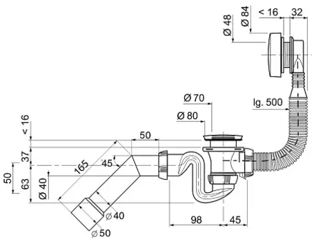 Слив-перелив WIRQUIN SB500 п/автомат, латунь, перелив L500 мм и труба на 45 град. (40-40/50), хром