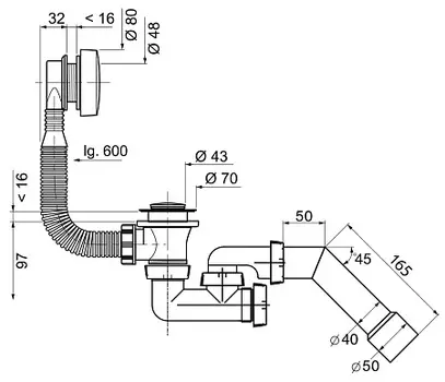 Слив-перелив WIRQUIN SP5603 c сифоном автомат, перелив L600 мм и труба на 45 град. (40-40/50), хром