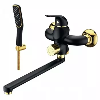 Смеситель Lemark Swan LM5451BG универсальный с плоским поворотным изливом 350 мм, черный/золото