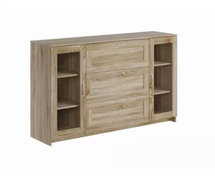 Тумба СИРИУС длинная с двумя стеклянными дверьми и тремя ящиками, цвет Дуб Сонома