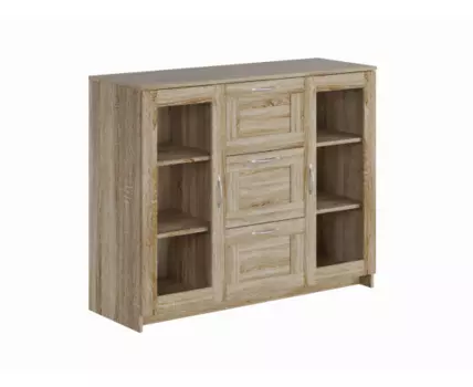 Тумба СИРИУС с двумя стеклянными дверьми и тремя ящиками, цвет Дуб Сонома