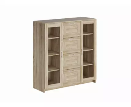 Тумба СИРИУС с двумя стеклянными дверьми и четырьмя ящиками, цвет Дуб Сонома