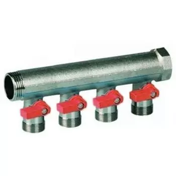 Коллектор с красными кранами 1"х4вых. 3/4" НР евроконус HENCO