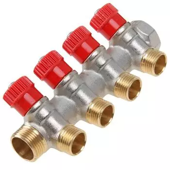 Коллектор с красными вентилямми 3/4"х4вых. 3/4" НР евроконус HENCO
