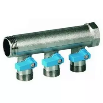 Коллектор с синими кранами 3/4"х3вых. 3/4" НР евроконус HENCO
