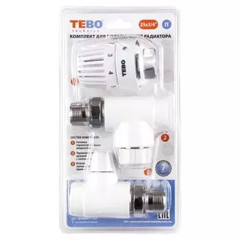 ПП Набор для подключения радиатора 25х3/4" прямой (термоголовка, термоклапан,зап. клапан) TEBO