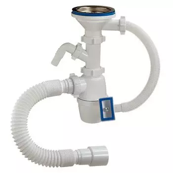 Сифон бутылочный для нержавеющей кухонной мойки 3.1/2"х40 с прямоуг.переливом, отводом и гибкой трубой 40х40/50 А-4011 Орио