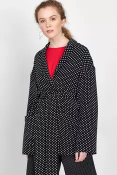 Черный пиджак в горошек в стиле оверсайз с накладыми карманами на поясе