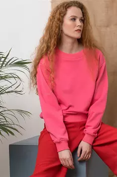 Классический хлопковый розовый свитшот с отделкой в рубчик