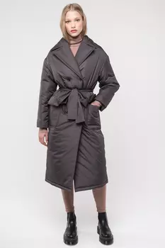 Серое двубортное пальто с поясом на синтепоне